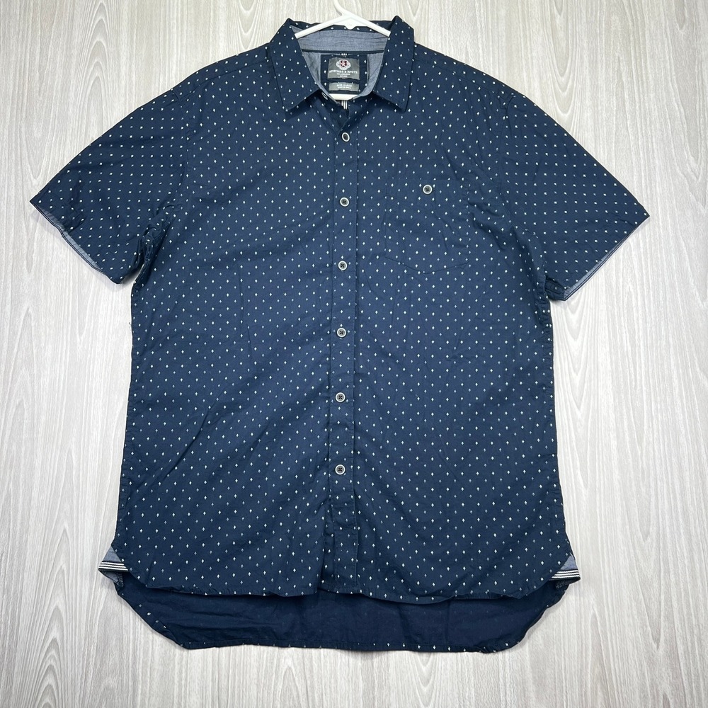 Stitches & Rivets Mens Large Navy Blue Geometric Print Short Sleeve Shirt